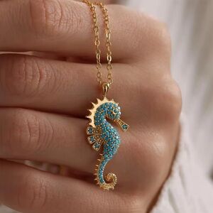 18K Gold Seahorse Micro Pave Turquoise Gemstones Bohemian Minimalist Nautical